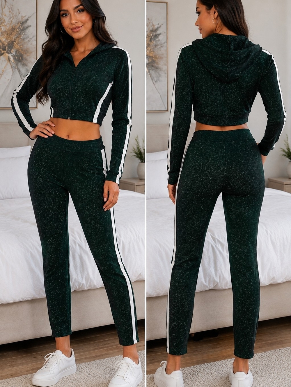 BNWT Hot & Delicious Emerald Green Sparkle Cropped Hoodie & Leggings Set M